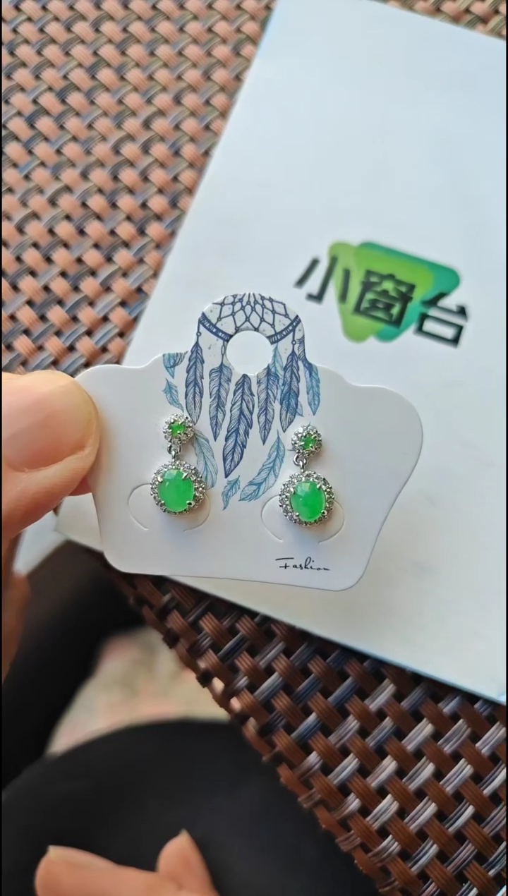 【闪购商品】翡翠耳饰银S925镶嵌翡翠耳饰S925银镶嵌