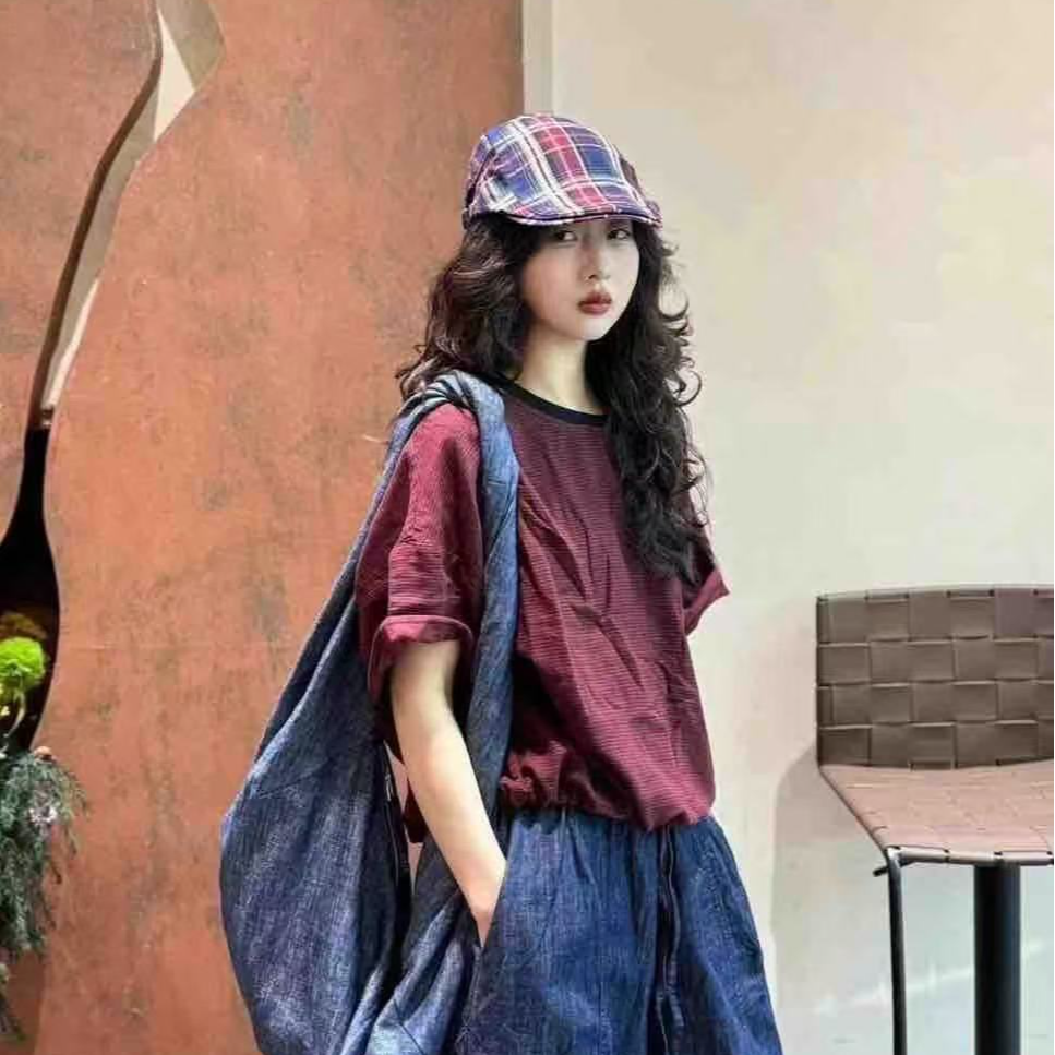 夏季新款时尚宽松百搭短款条纹女士T恤