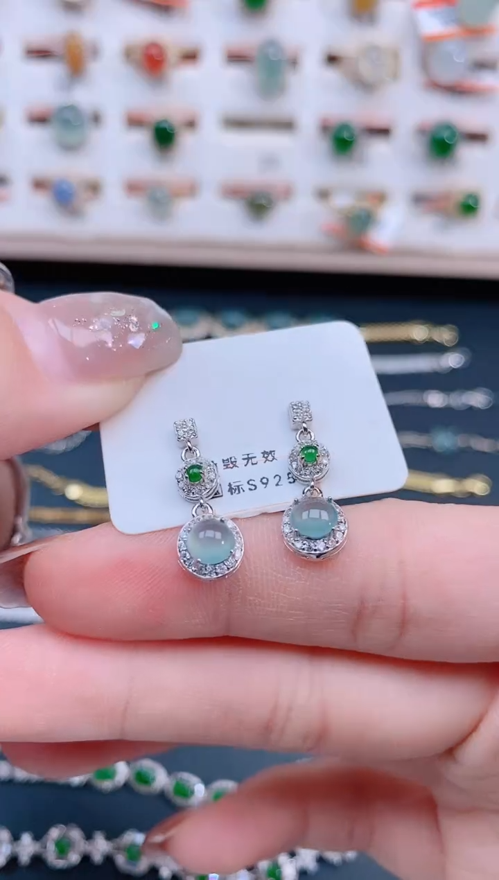 银S925镶嵌翡翠耳饰天然翡翠