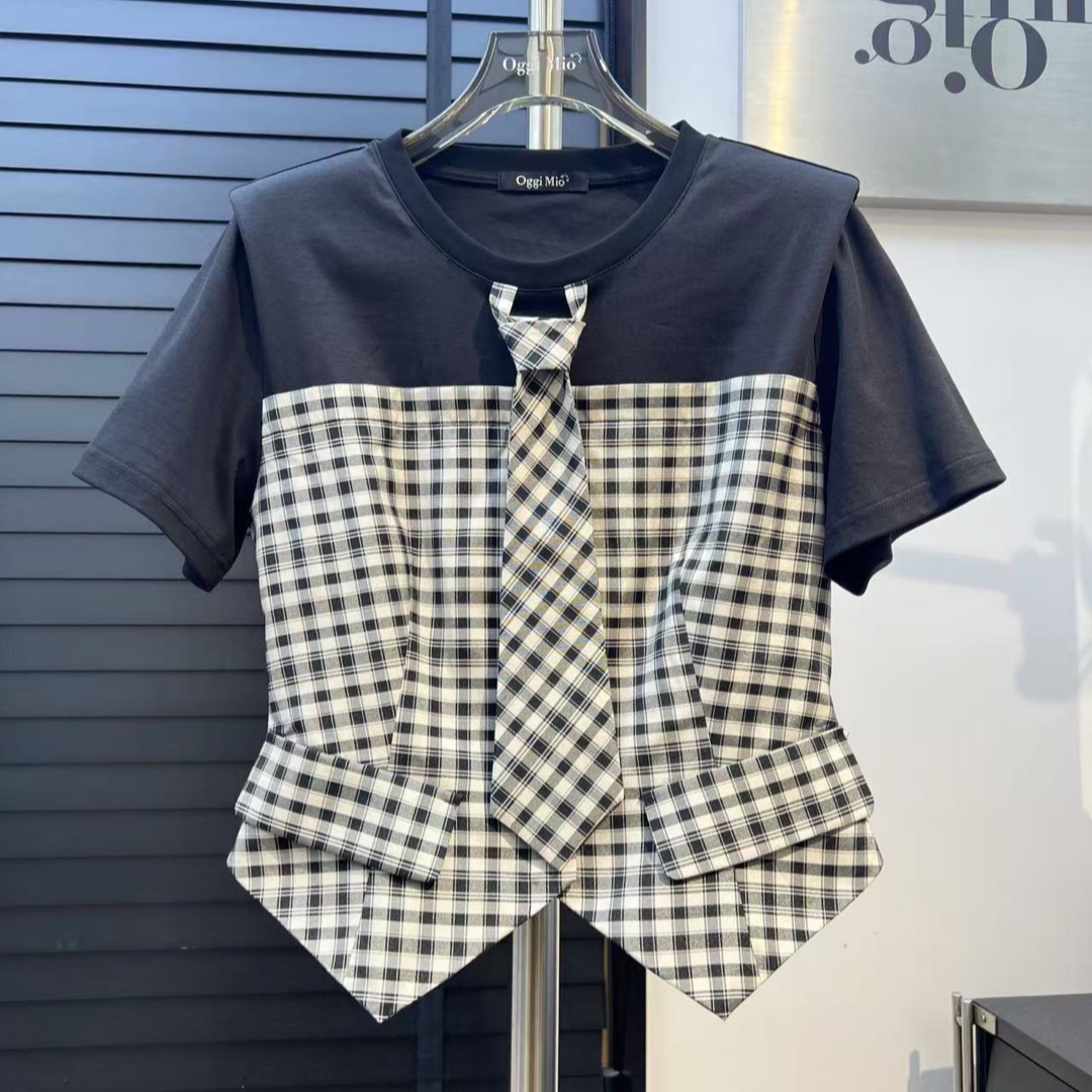 【XSY】OGG（INS）风格子短袖T恤气质假两件撞色拼色拼接领带套头短袖