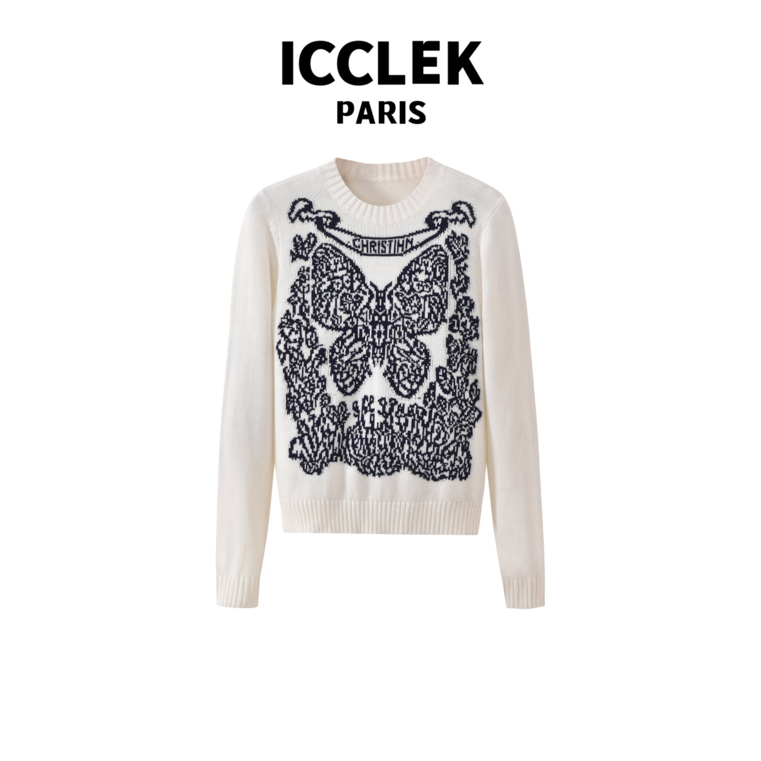 ICCLEK 蝴蝶字母刺绣白色圆领长袖毛衣-3314
