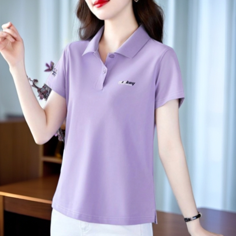 印花通勤短袖翻领常规速干女T恤女士宽松ol洋气夏季