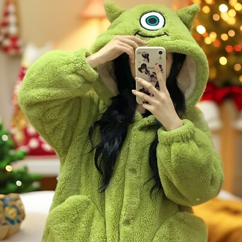 可爱大眼仔连帽珊瑚绒睡衣女2025年新款冬季单眼怪睡袍家居服冬