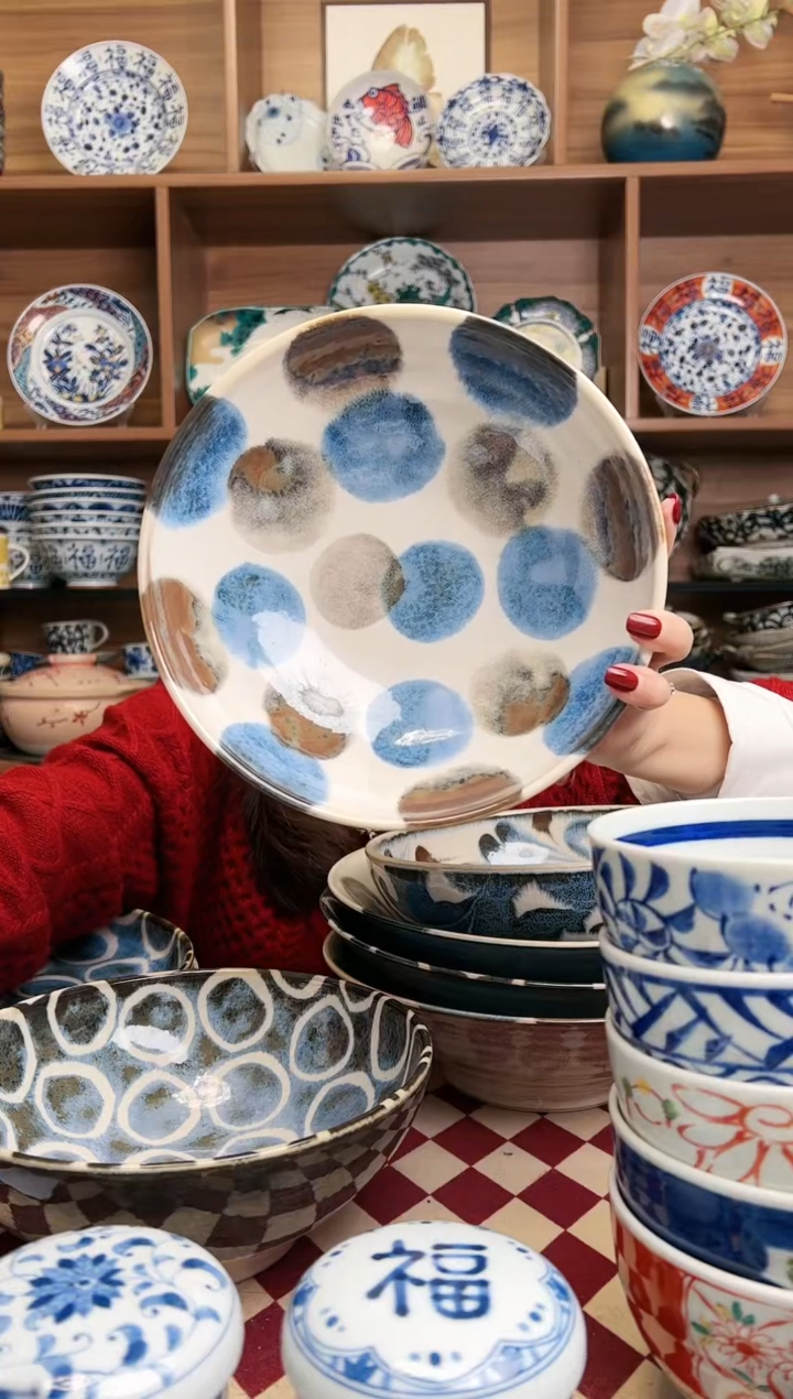 【闪购商品】瓷片笔青棕色点打21cm面碗