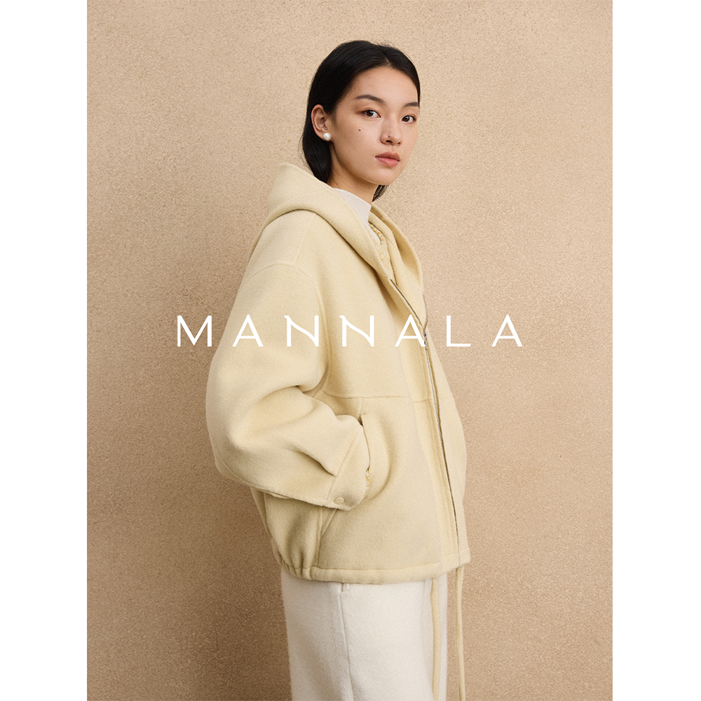 MANNALA丨“小帽呢”贝贝羊驼桑蚕丝连帽廓形毛呢短大衣外套Q6392