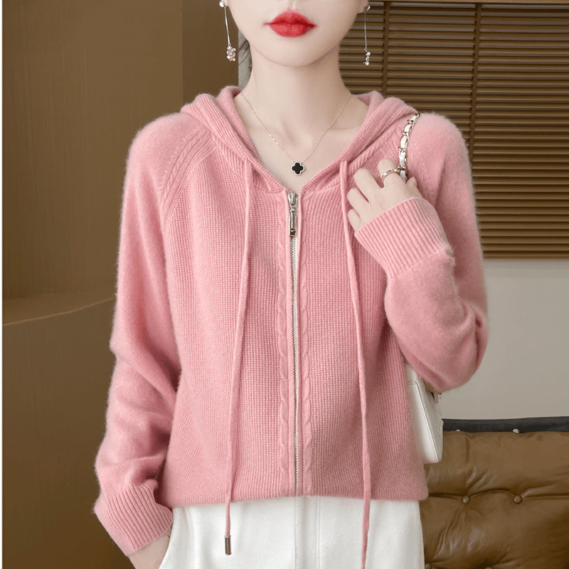 唤取佳人舞绣筵~秋冬新款加厚拼色拉链帽衫女纯羊毛衫女 DMR-108