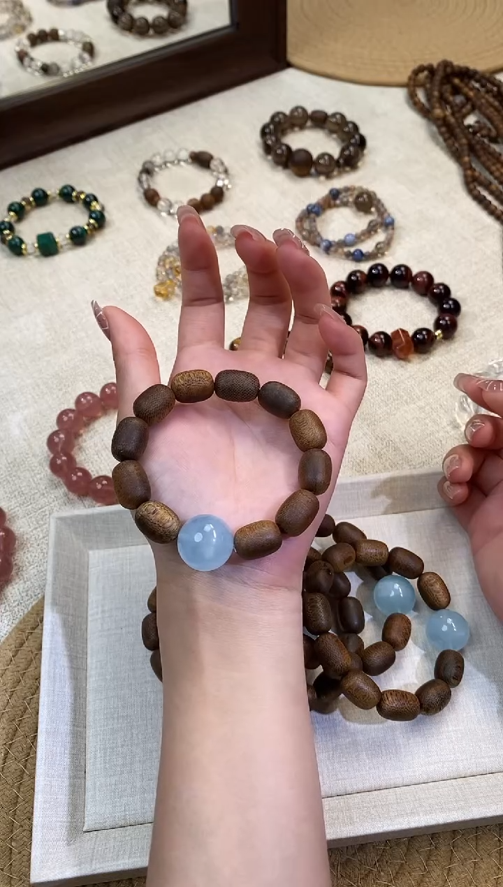 合金手链水晶《碧水湖》海蓝宝奇楠沉香设计款手串11-12多样性发一