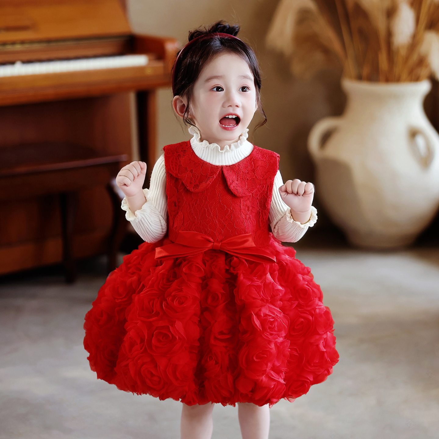 周岁女宝礼服2025秋冬红一岁抓周宴衣服女孩生日公主裙女童拜年服