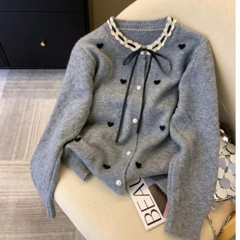 灰色蕾丝边菱格爱心毛衣女秋冬韩系系带蝴蝶结针织开衫小香风外套