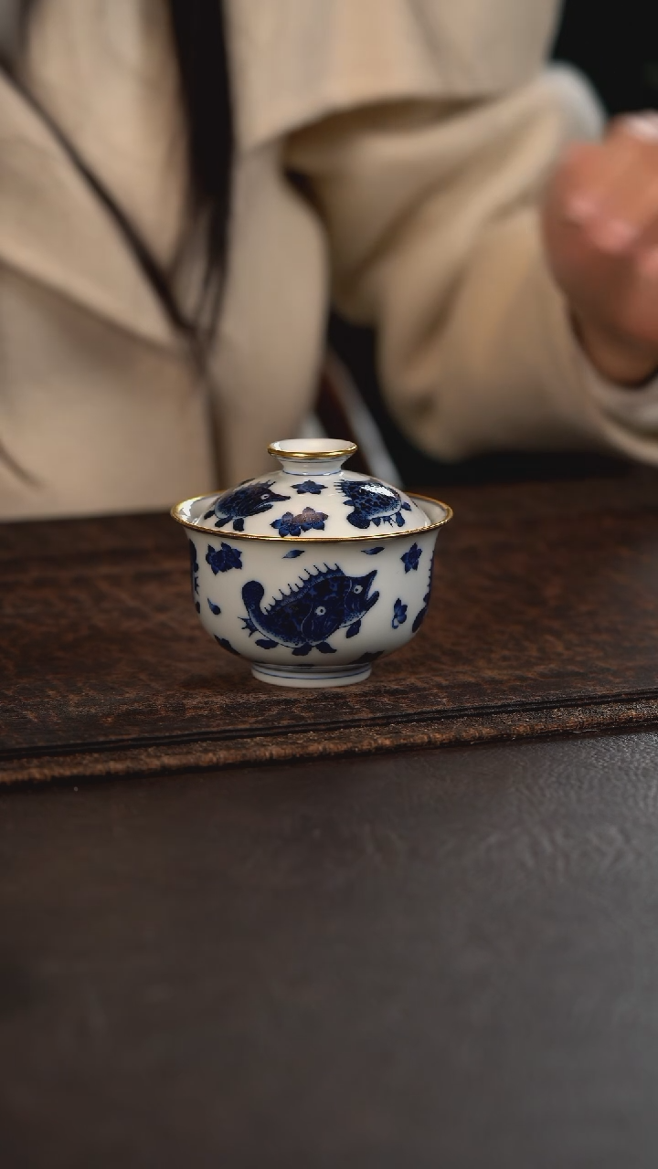 【闪购商品】杯洪印慕明描金桃花鳜鱼盖碗