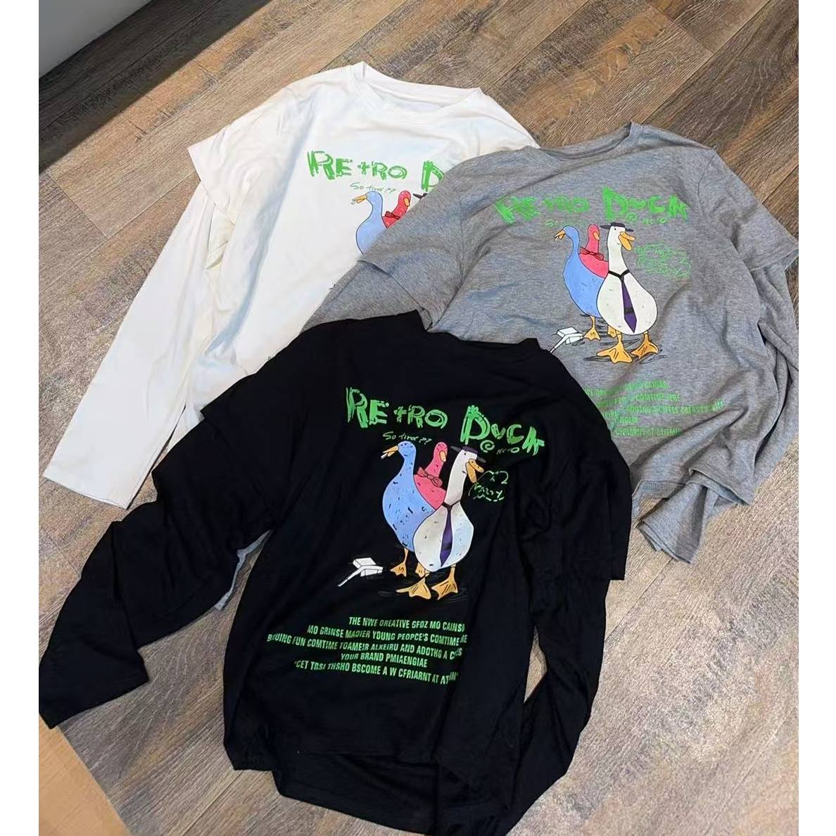 【文乐乐】秋季新款洋气个性鸭子印花时尚休闲潮流假两件T恤8082