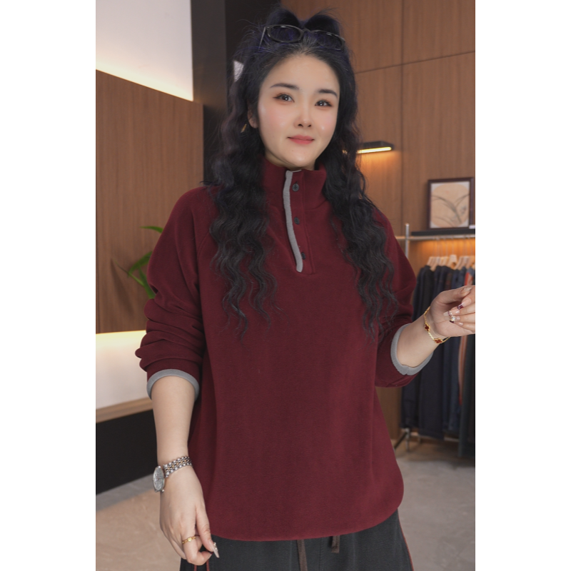 女款加绒打底卫衣宽松冬季卫衣女士大码加绒上衣长袖立领时尚女士