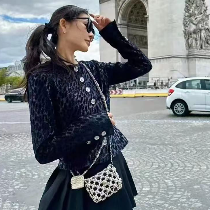 99新 Chanel/香奈儿 23A手工坊系列黑蓝丝绒鎏金外套40码