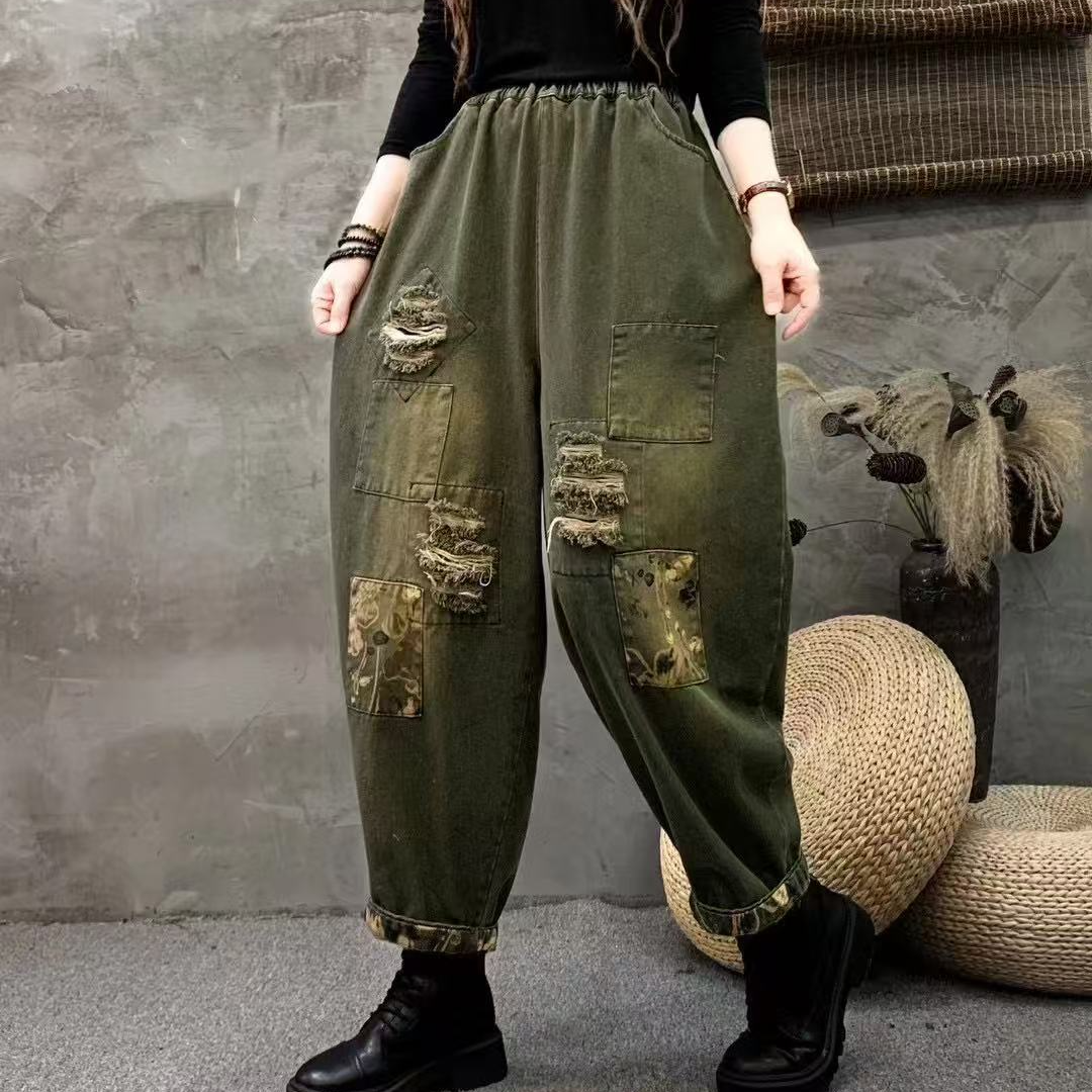 2025春季新款宽松大码休闲牛仔哈伦裤女复古文艺贴布破洞老爹裤