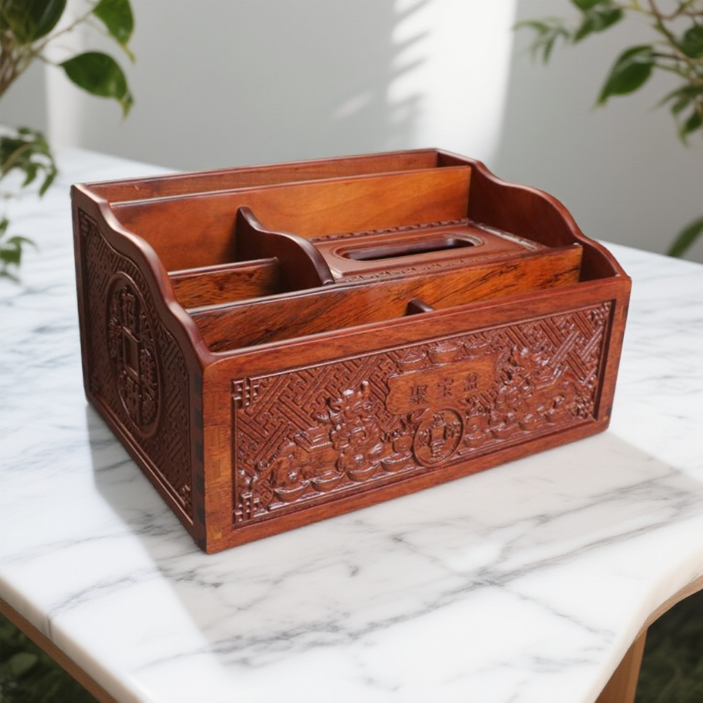 0049家用客厅榫卯结构五格收纳多功能纸巾遥控收纳盒居家日用木制