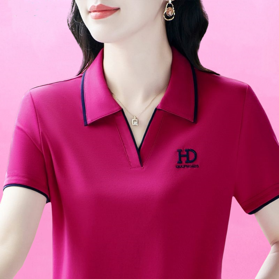 845玫红时尚绣花修身显瘦潮流气质短袖女士Polo衫半袖上衣