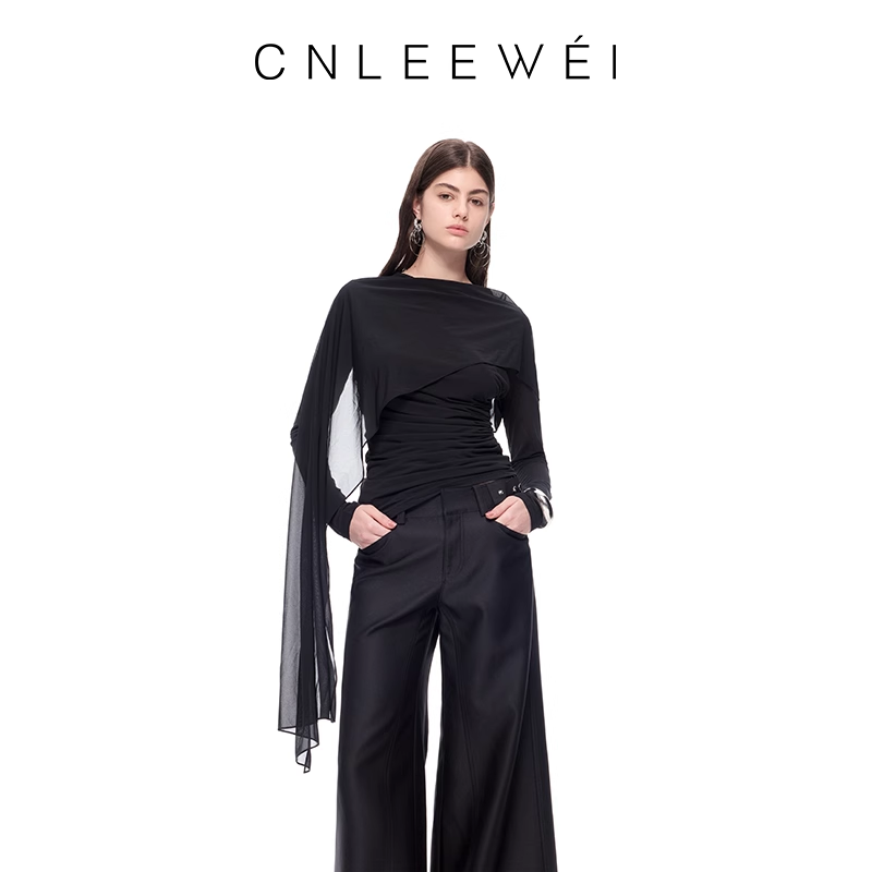 CNLEEWEI2025春夏新款黑色修身显瘦飘带高级百搭长袖上衣