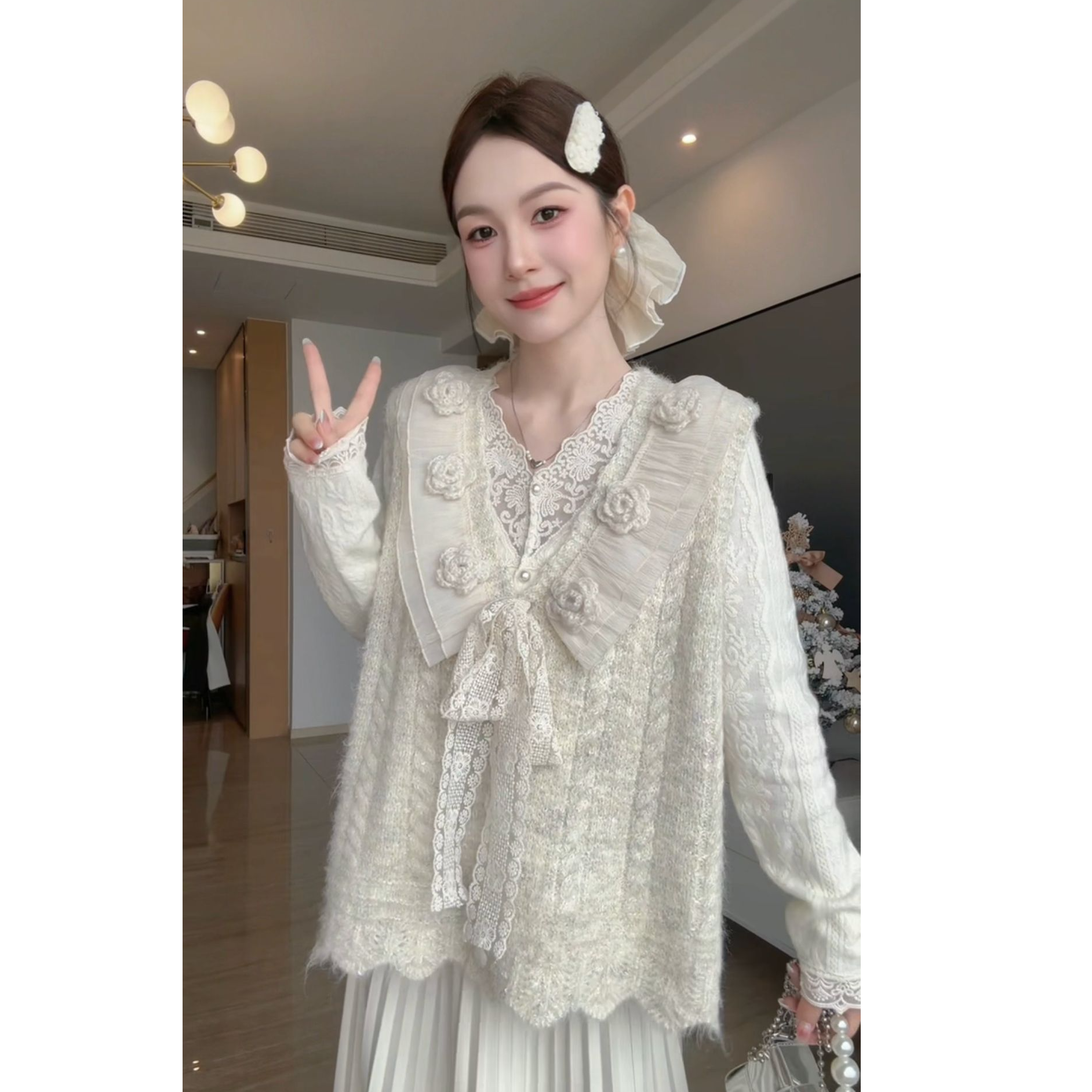 新款韩版女雪纺免烫V领宽松型镂空修身型马夹小香风时尚秋冬马甲