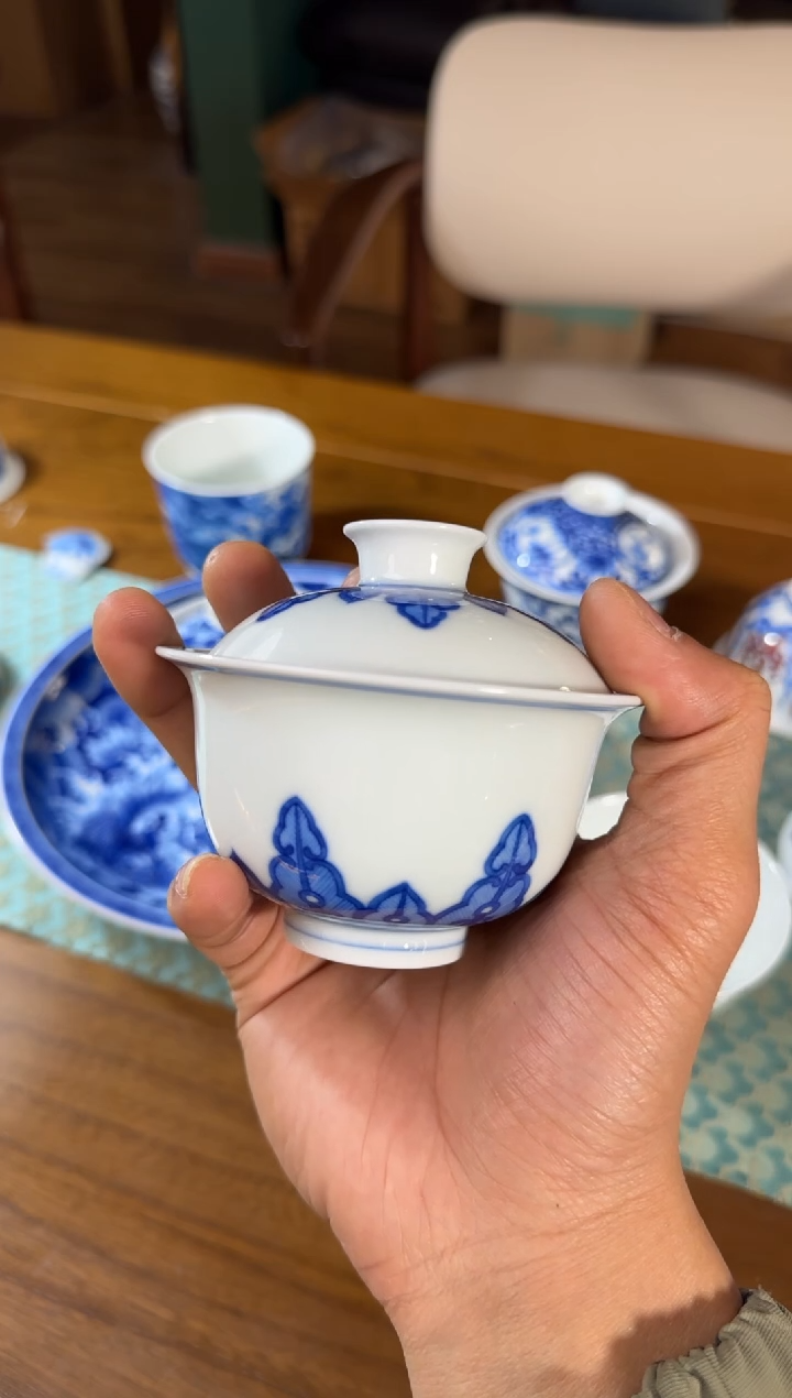 妙色 青花蕉叶纹 盖碗