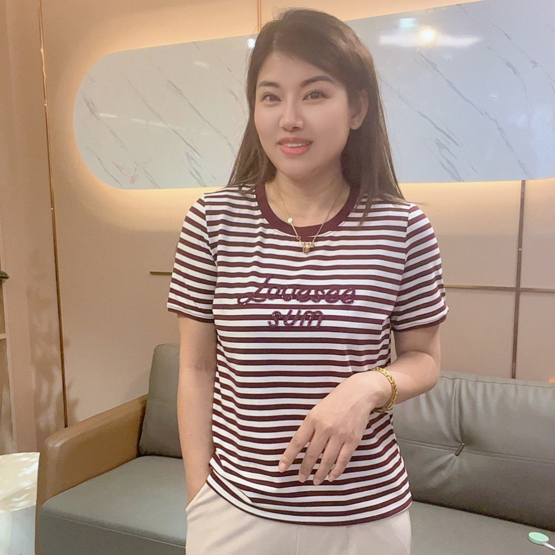 怡特美【条纹字母T】夏季宽松时尚百搭显瘦刺绣字母T圆领短袖256659
