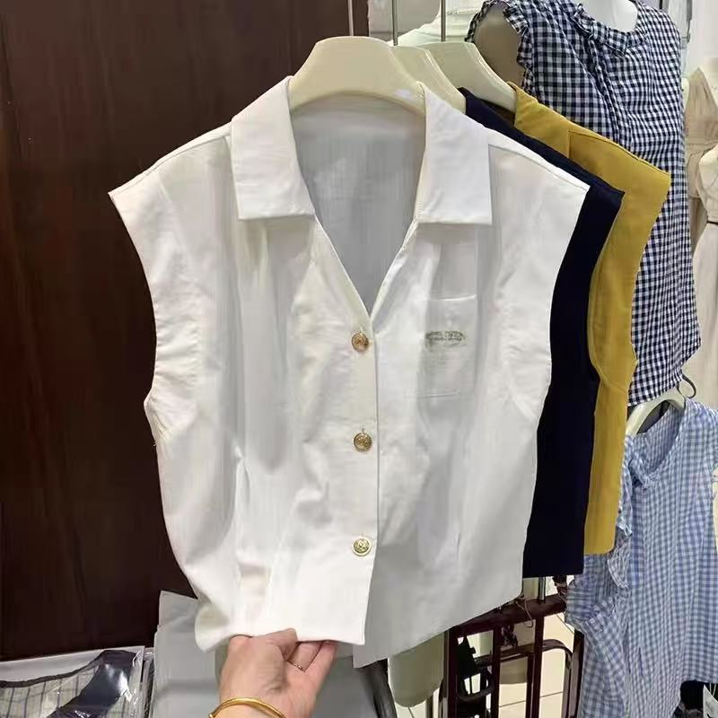 Y177 薄款polo领无袖衬衫女夏宽松小个子百搭短款衬衣XH