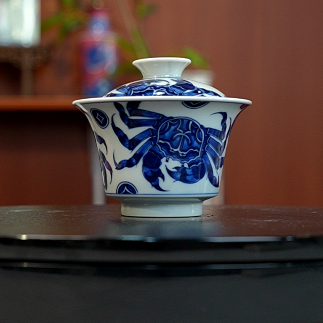 1.3/N200480/00824/青花螃蟹二才盖碗/口径9.7/高8.5/155cc