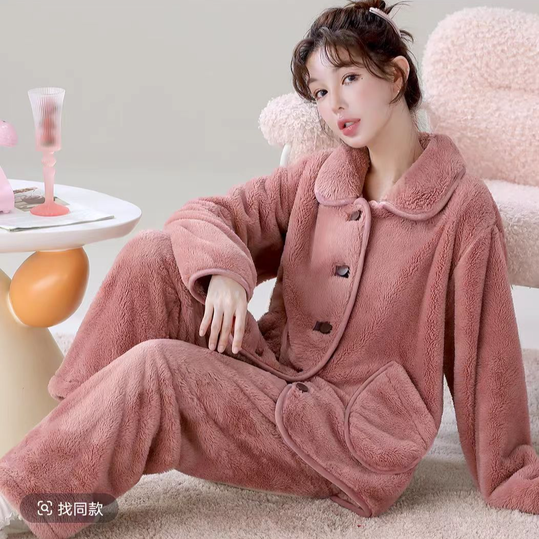 A【高定款】秋冬新款女士加厚雪花绒豆沙粉家居服可外穿法兰绒睡衣