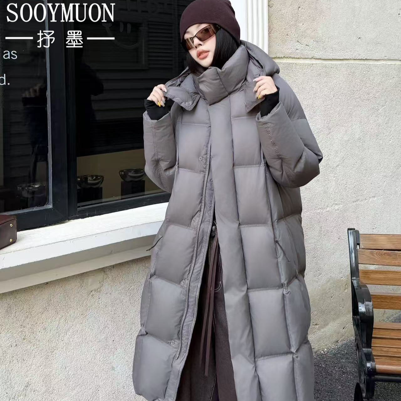 SOOYMUON/抒墨008女连帽中长款长款百搭宽松型羽绒服厚款加厚女款