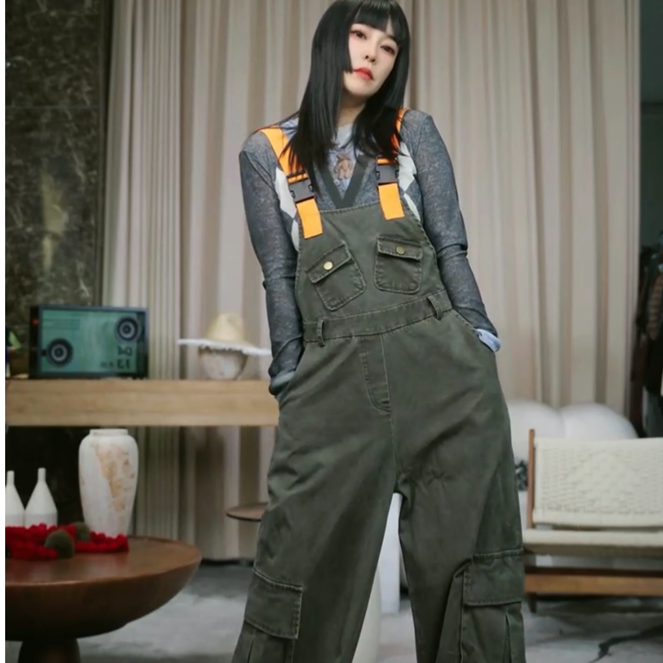 infobyfive福利秋冬小橘小绿阔腿口袋牛仔工装背带裤壹NF0509504