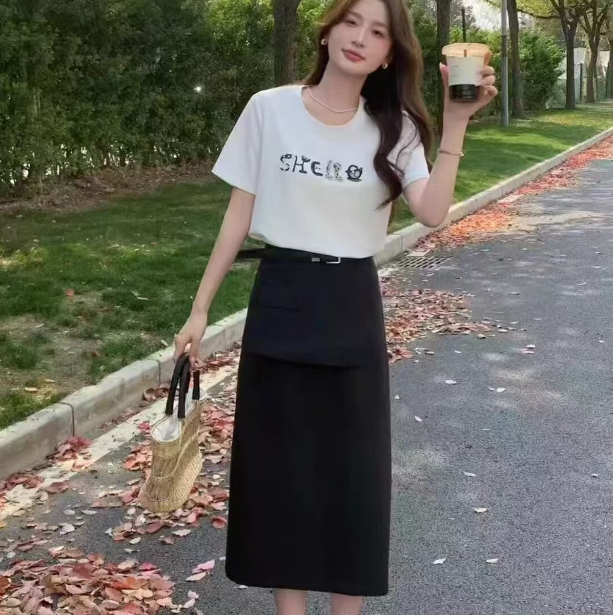 5070#（衣长60裙长76）休闲重工T恤短袖西装半身裙两件套