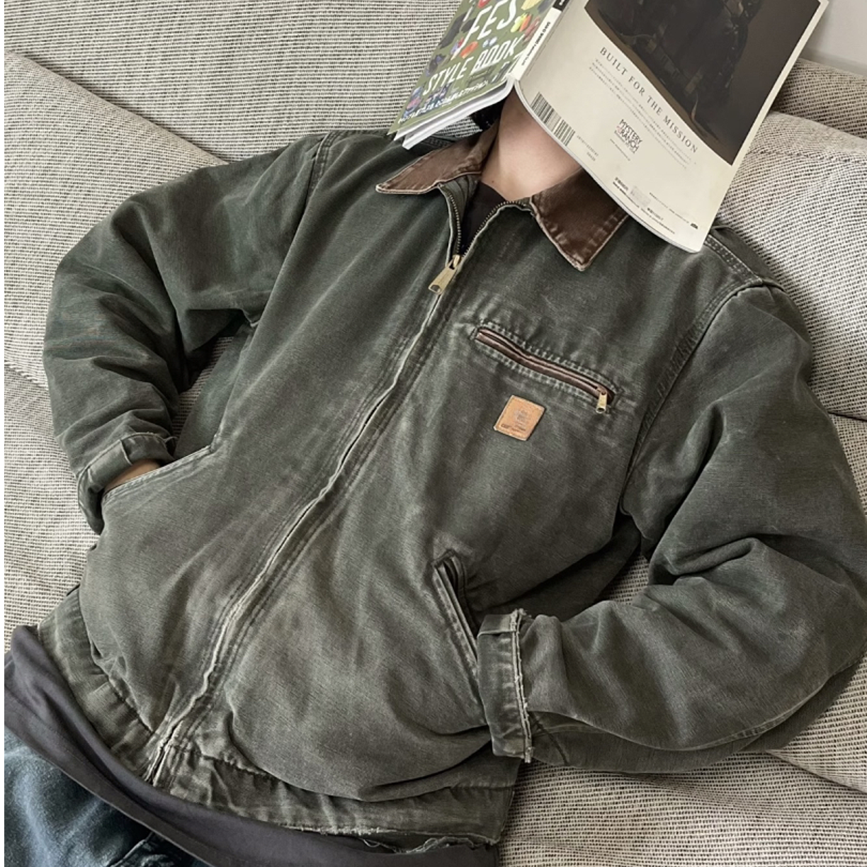 卡卡粥美式复古工装卡底特律做旧加厚保暖工装加厚翻领底特律夹克