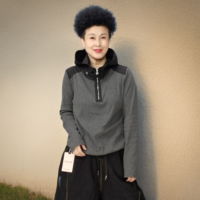春秋款半拉链螺纹棉帽衫均码