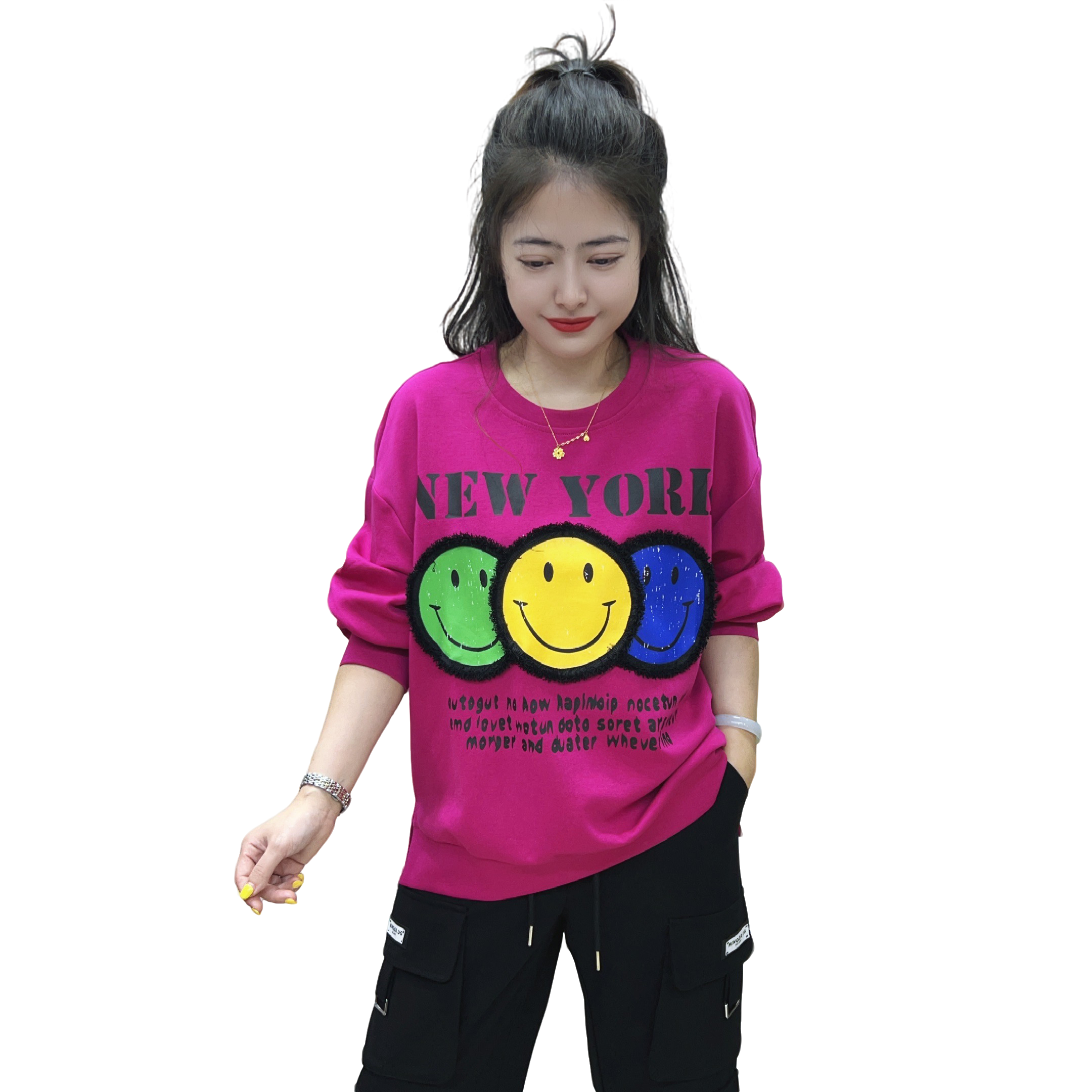 29秋款印花笑脸卫衣圆领女士长袖女轻职风宽松显瘦时尚