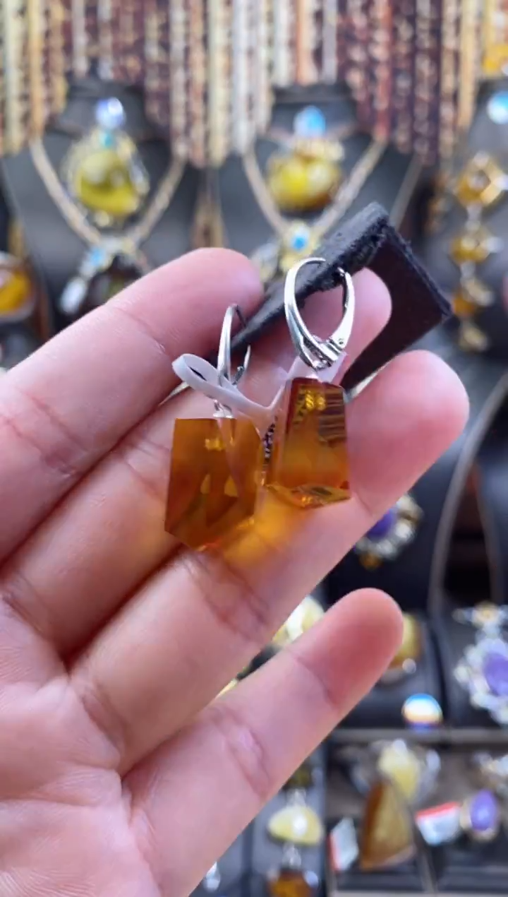 银S925镶嵌琥珀耳饰血珀耳环