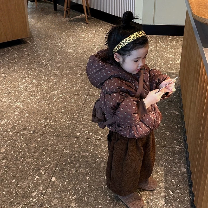 韩国童装女童棉服碎花棉服冬装洋气宝宝咖色复古女童过年衣服