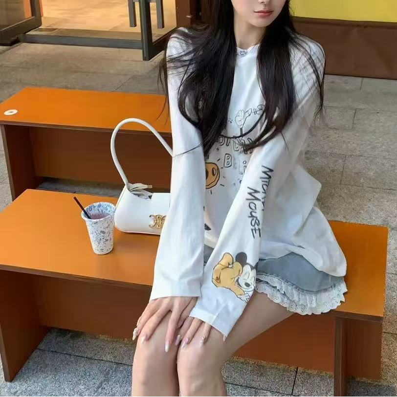 2025年夏季新款时尚圆领卡通米奇印花长袖T女款宽松百搭上衣薄款
