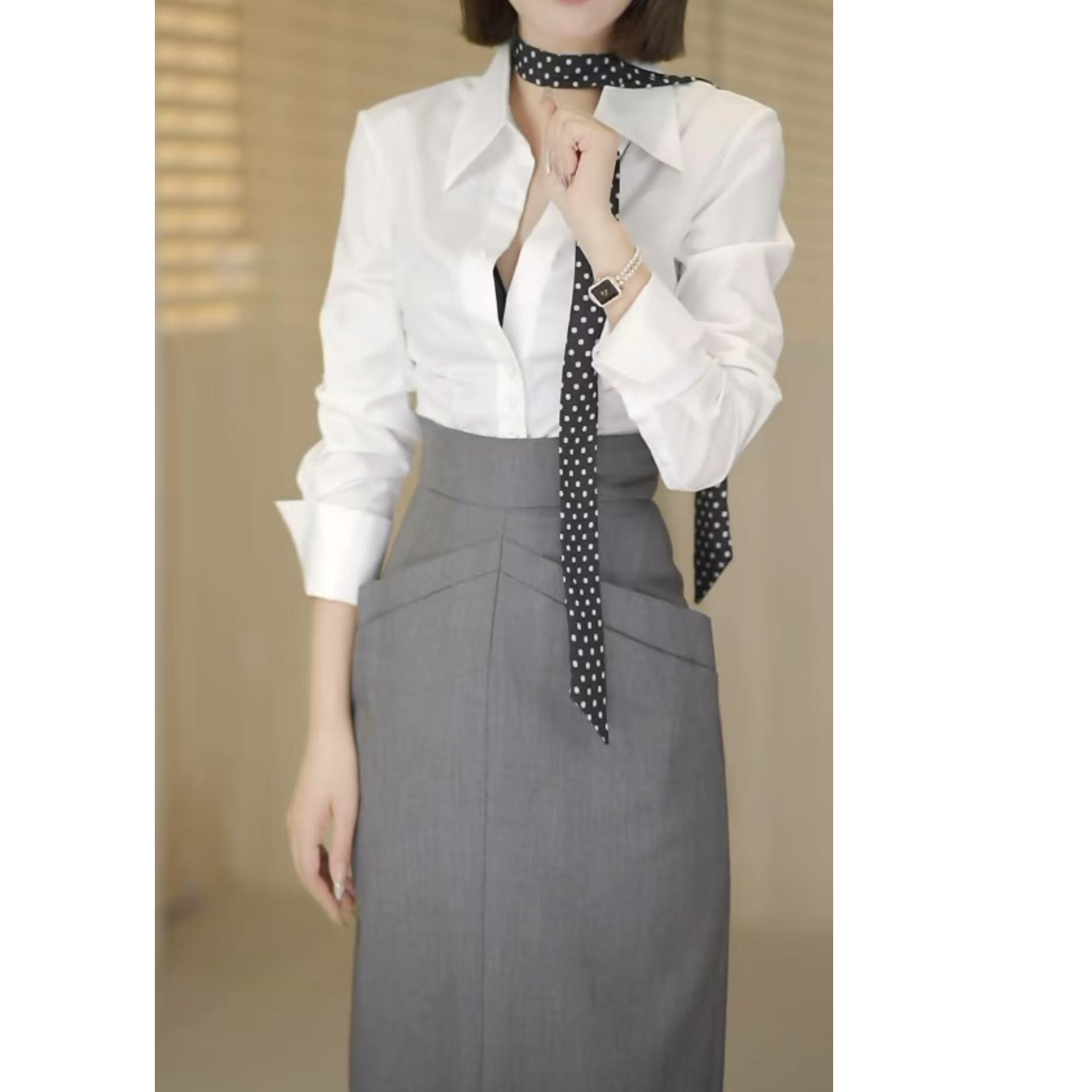 【前胸深v设计 大胸慎拍 不配丝巾】2025春秋新款修身白衬衫S25007