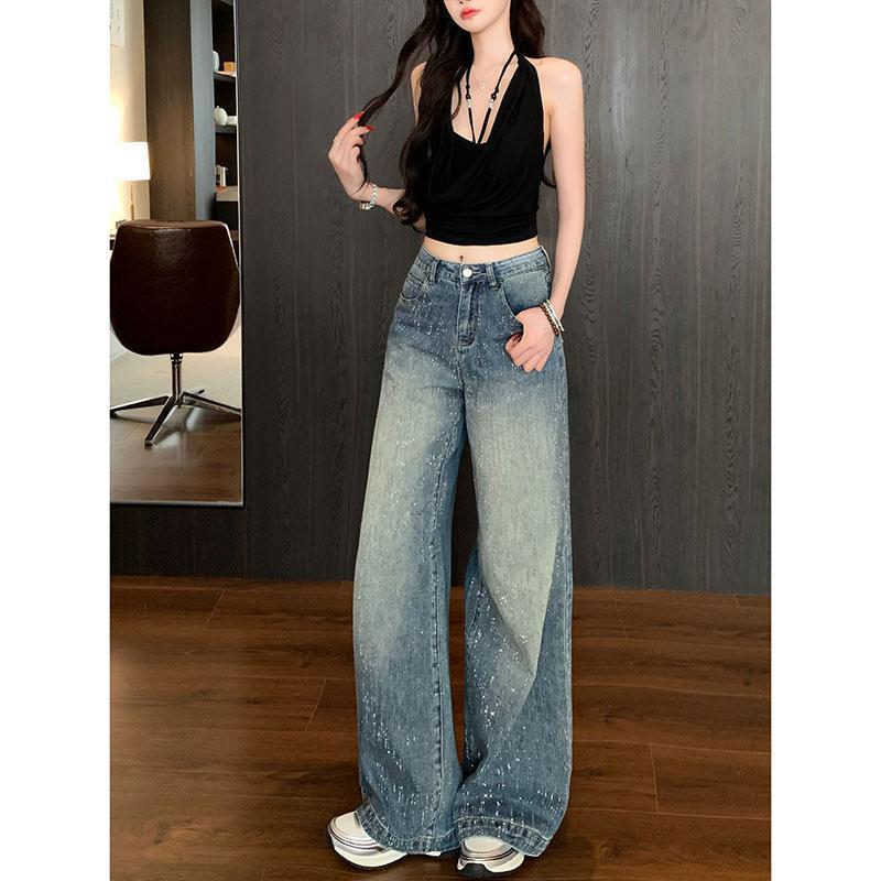 （现货+运险）星河漫天烫钻女高腰秋冬牛仔裤翻边裤阔腿裤拖地裤