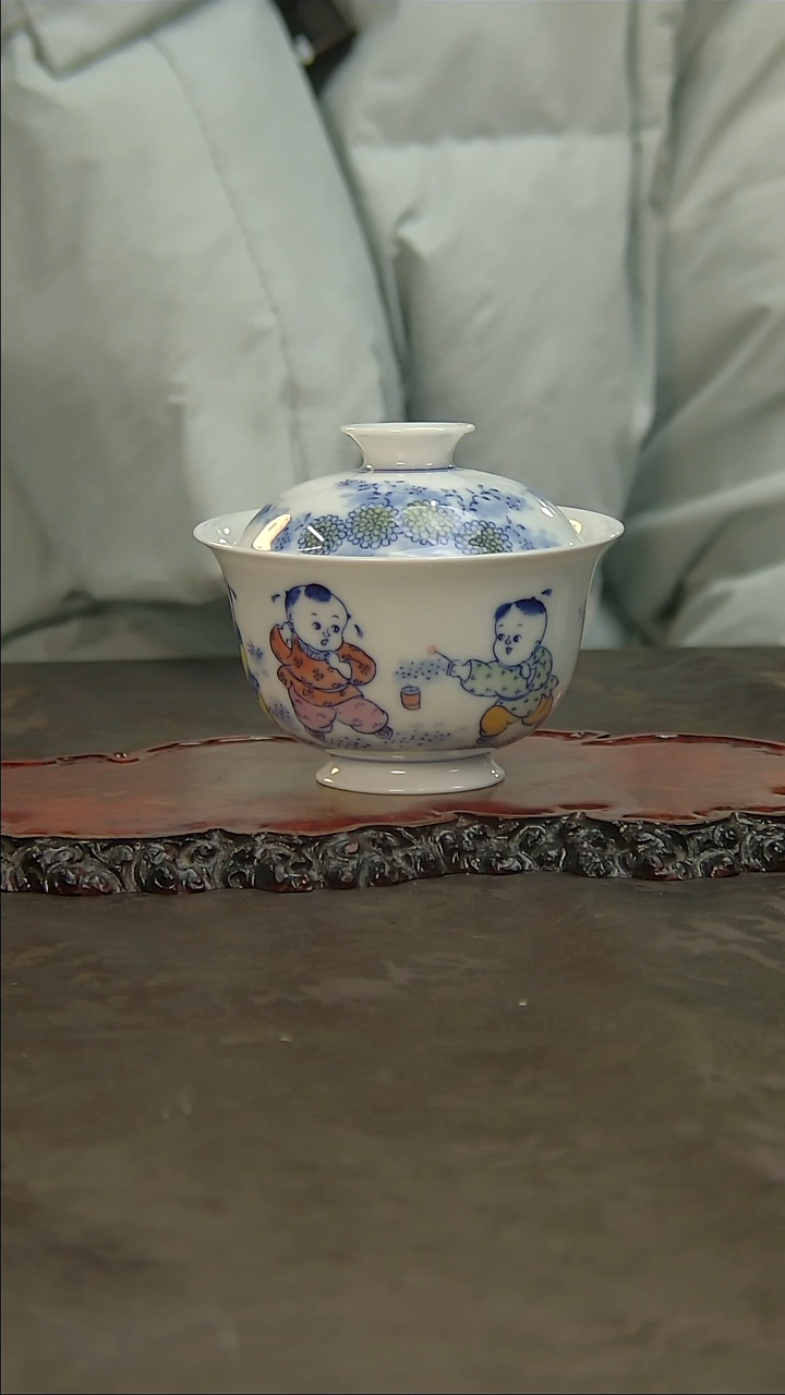 【闪购商品】青花手绘童子盖碗