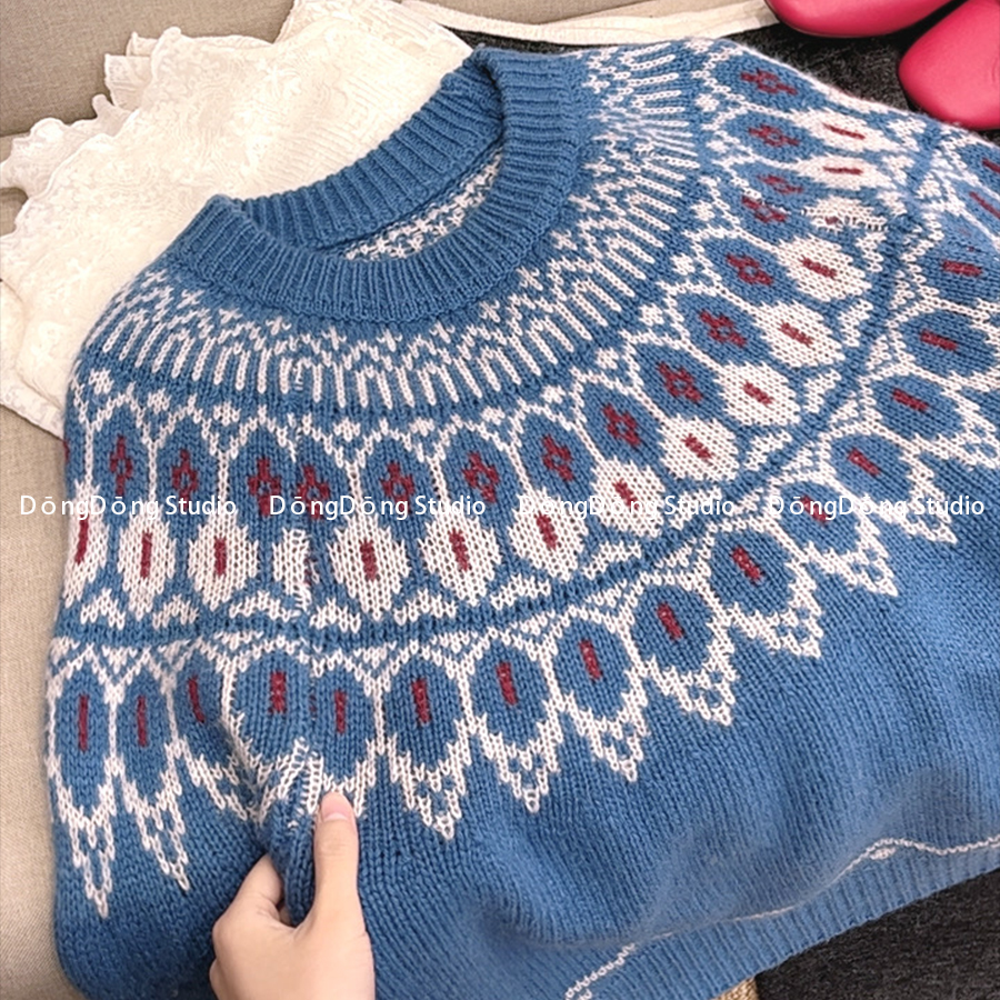 巨显白！【景泰蓝】蓝色费尔岛毛衣圆领套头宽松提花针织衫 7098