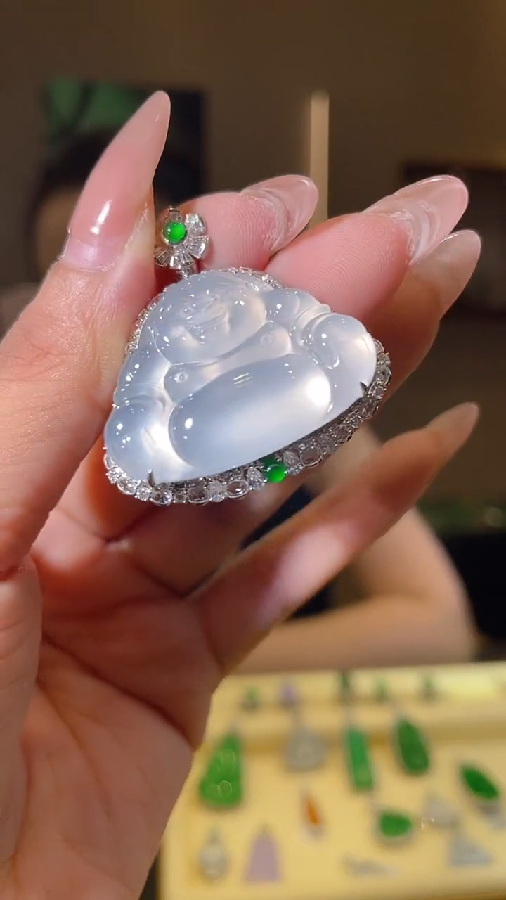 翡翠18K金镶嵌吊坠(不含链)天然翡翠A货