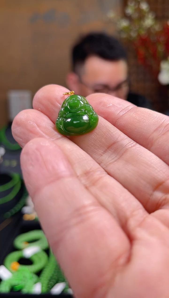 【闪购商品】和田玉（碧玉）吊坠18K金镶嵌18小佛公