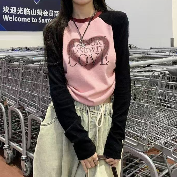 长袖t恤女秋季新款韩版撞色爱心印花修身显瘦短款褶皱辣妹上衣 