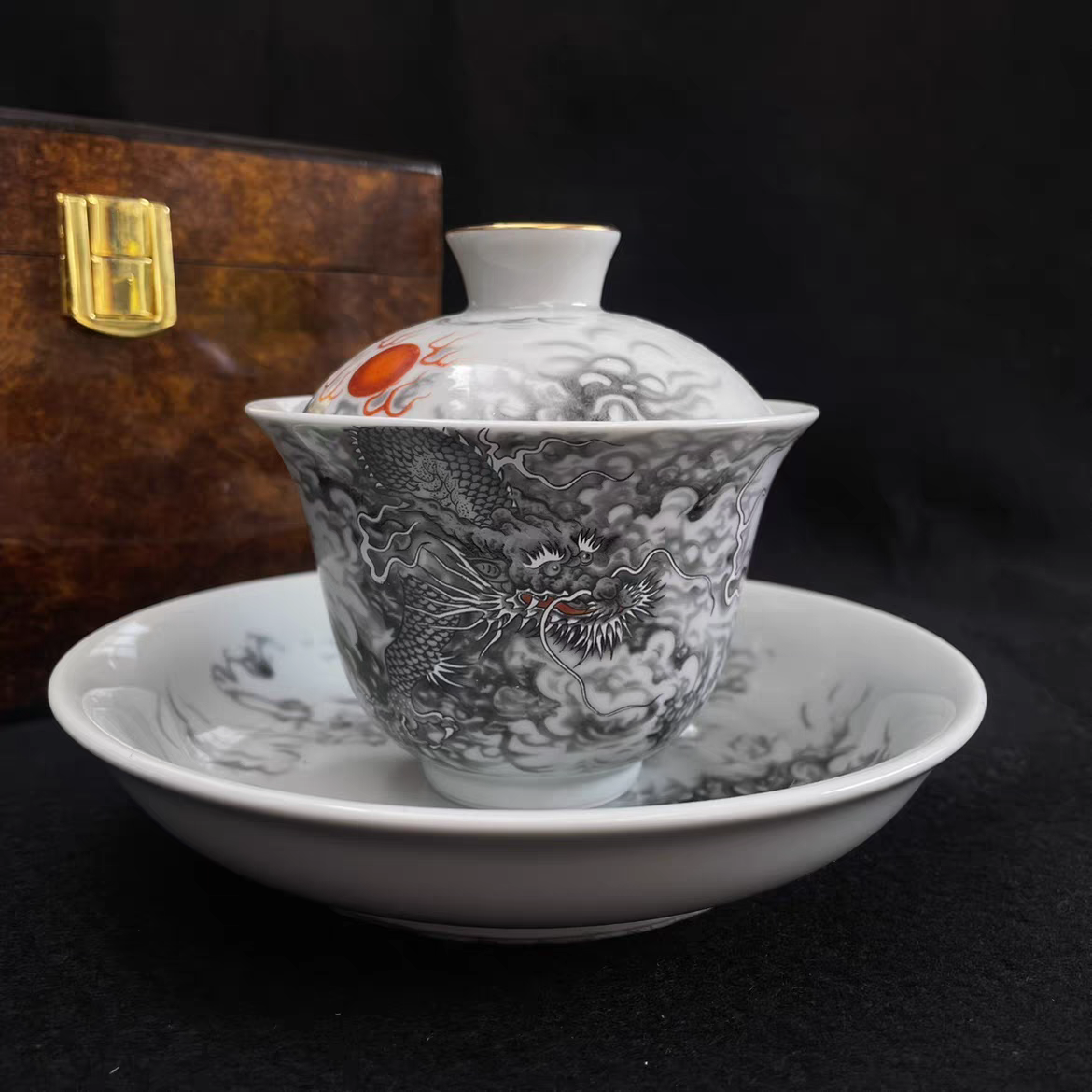 景德镇墨龙腾三才盖碗单个墨龙三件套茶杯陶瓷茶具泡茶碗-播114