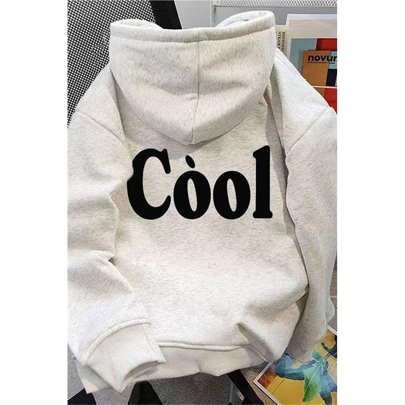 重磅500克纯棉慵懒风加绒加厚简约英文潮流连帽卫衣印花酷帅上衣