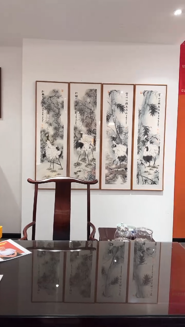 国画易志平 带锦盒 松鹤四条屏 不带框发货