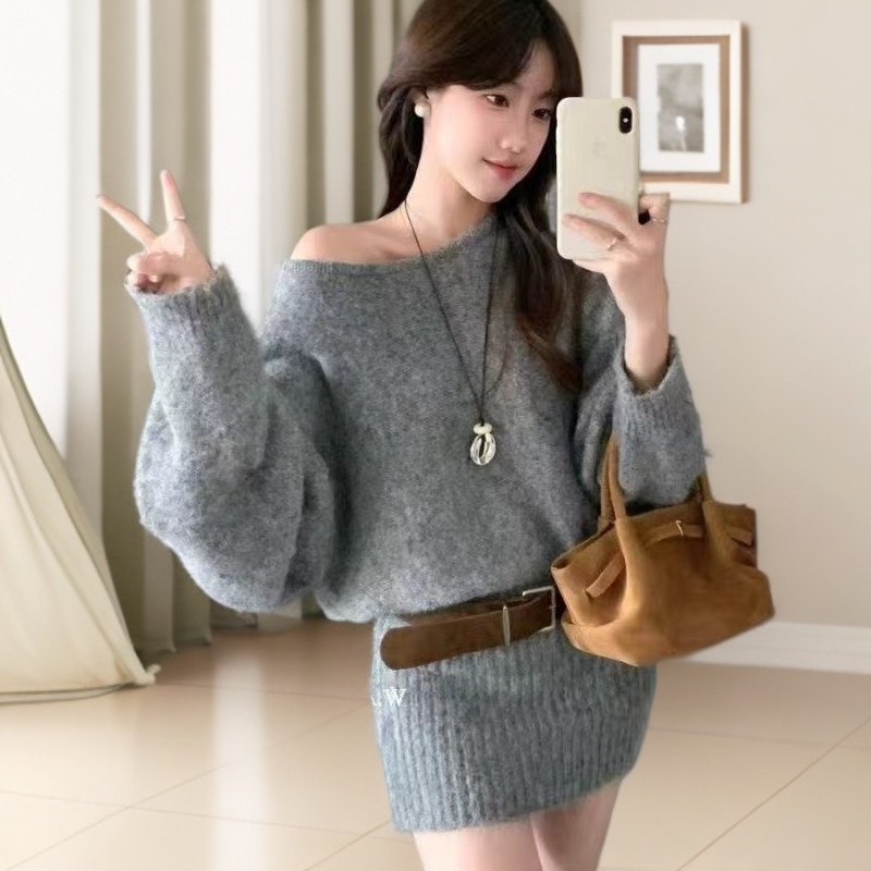 【送腰带】不褪色长裙蝙蝠袖露肩秋季连衣裙女秋冬新款宽松显瘦女装