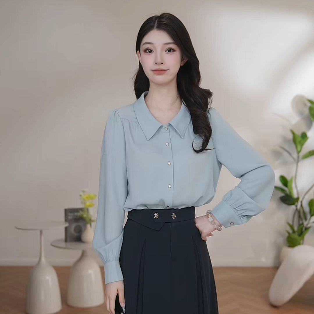 【曼贝】秋季衬衫女气质设计感淡蓝色通勤上衣女士8593158B【珮珮】