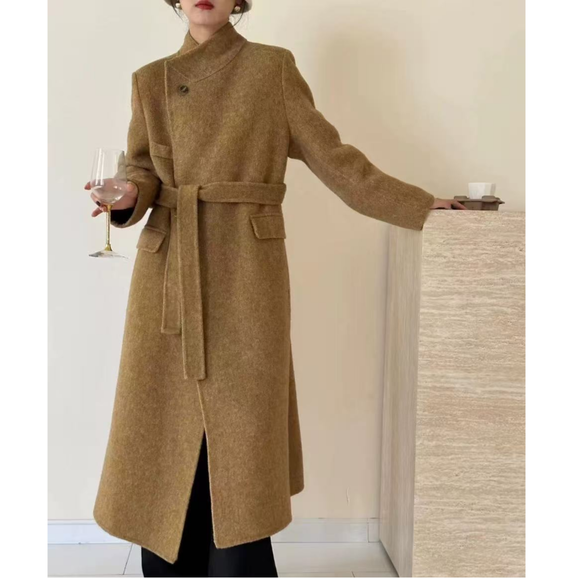 【港港定制】韩国高端设计立领收腰双面气质羊毛大衣秋冬长款577