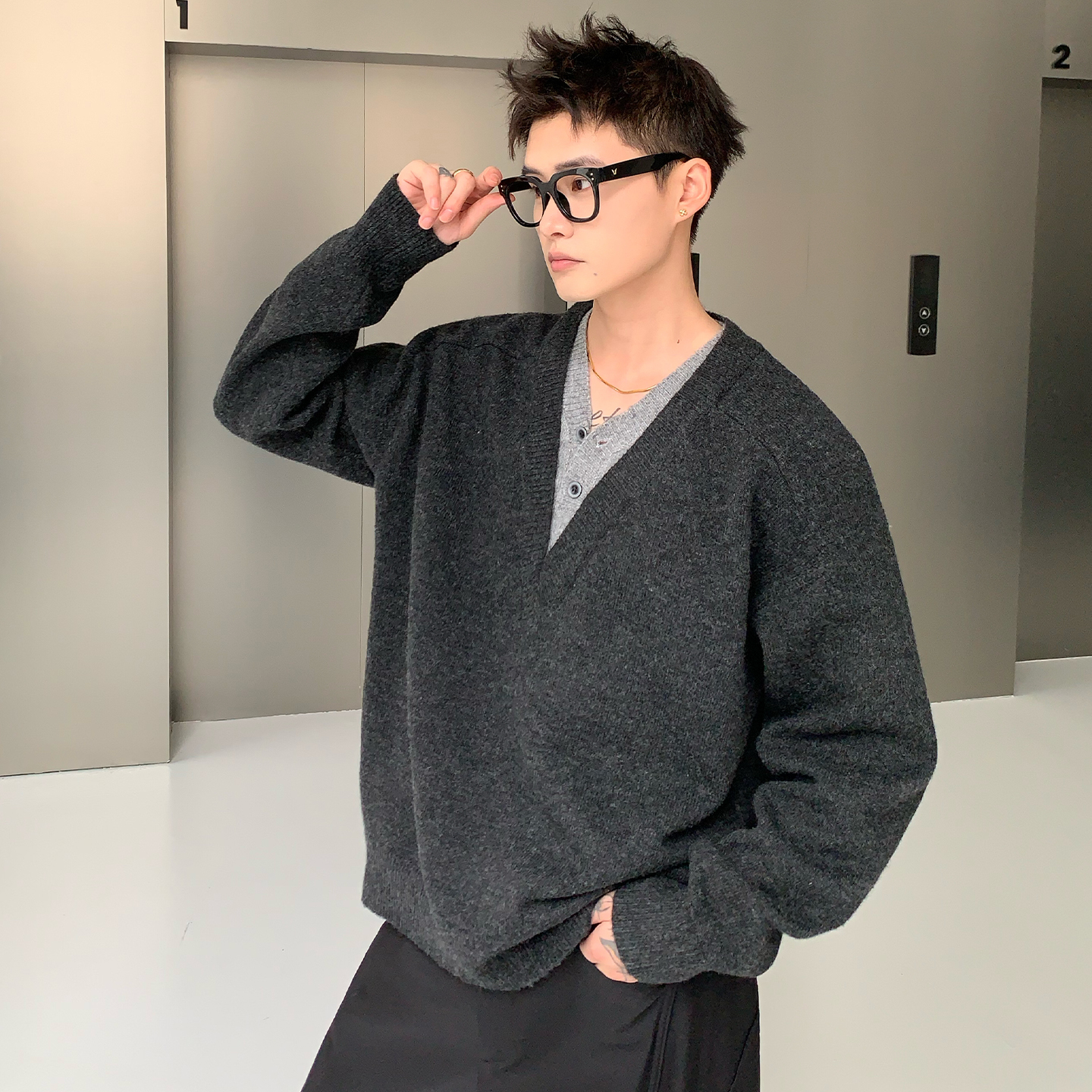 2561 韩系假两件绵慵懒风针织毛衣cleanfit 通勤上衣男女